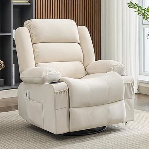 Rocker Recliner Chair with Heat and Massage, 360° Swivel Recliner Chairs for Adults, Oversized Recliner Single Sofa Seat with Cup Holders, Lazy Boy Recliner Single Sofa Seat (Beige)