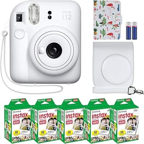 Fujifilm Instax Mini 12 Instant Camera + MiniMate Accessory Bundle & Compatible Custom Case + Fuji Instax Film Value Pack (50 Sheets) Flamingo Designer Photo Album (Ice White)