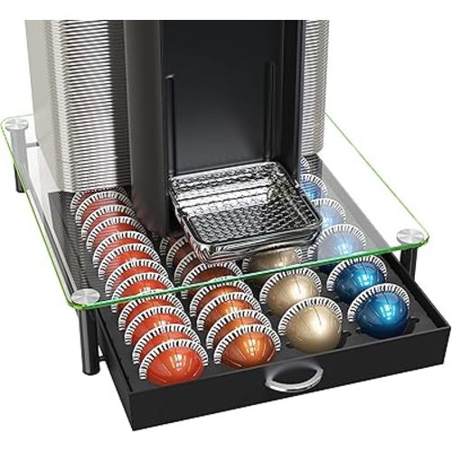 DecoBrothers Crystal Tempered Glass Vertuo Pod Holder Drawer, 24 Large or 48 Small Nespresso Capsule Organizer
