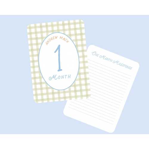 Baby Milestone Cards Personalized Blue Green Orange Gingham and stripes. Monthly Photo Cards personalized with baby name.