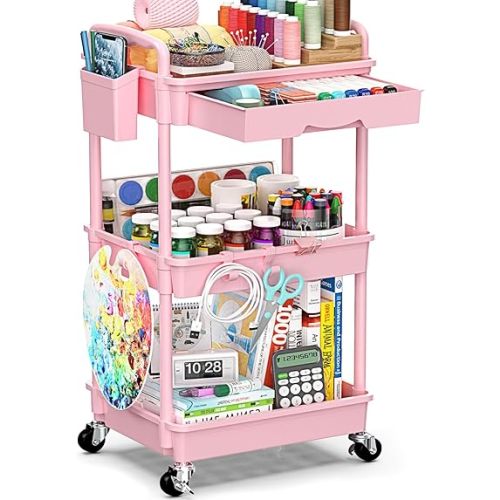3-Tier Rolling Cart with Drawer & Lockable Wheels, Plastic Shelf Storage Organizer Cart – Easy Assembly, Waterproof Design for Kitchen, Bathroom, Office, Pink