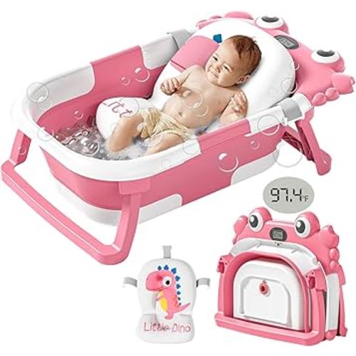 Collapsible Baby Bathtub for Newborn with Soft Floating Cushion & Thermometer Perfect Portable Travel Baby Bath Tub for 0-36 Month Infants to Toddler Girl (Pink)