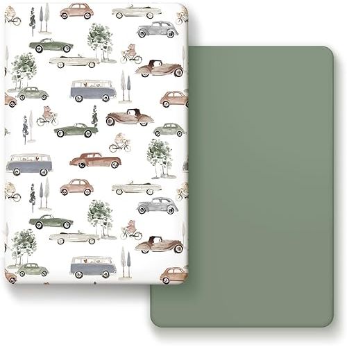 GRSSDER Pack n Play Sheets Fitted 2 Pack, Stretchy Ultra Soft Jersey Knit Pack and Play Sheets, Universal Fitted Portable/Mini Crib Mattresses Snug and Safe, Neutral Pattern of Cars Print