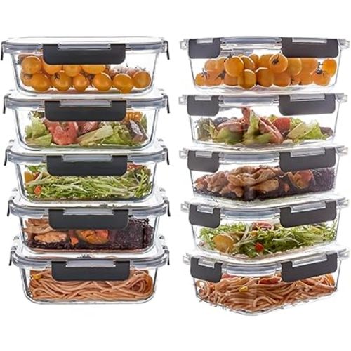 10 Pack 22 oz Glass Meal Prep Containers, Glass Food Storage Containers with Lids, Reusable Airtight Leakproof Lunch Bento Boxes Freezer, Microwave Oven and Dishwasher, Gray