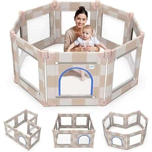 Tiny Marvels Baby Playpen, 50 x 50 in Play Pen for Babies and Toddlers, Foldable Baby Playpen, Play Yard for Infants with Breathable Mesh, Playard with Gate (Sand Checks,Mat not Included)