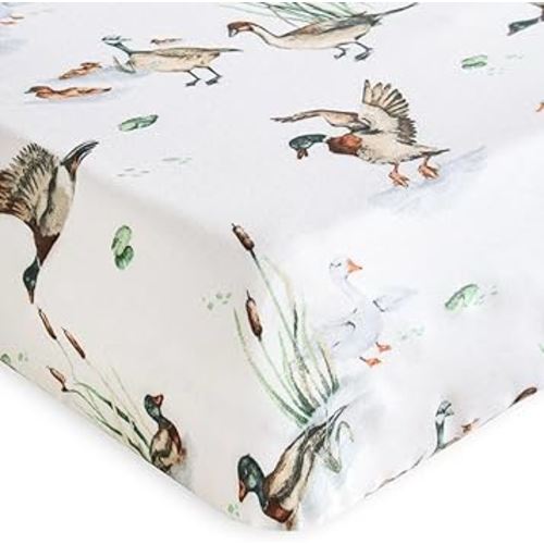 LifeTree Crib Sheets for Baby Boys Girls - Muslin Fitted Crib Sheets Neutral Toddler Bed Sheet Fits Standard Crib, 70% Viscose from Bamboo and 30% Cotton, Mallard Duck Pattern, 28in x 52in