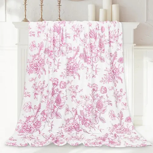 Floral Fuzzy Blanket Pink Flowers Throw Blanket Decorative Soft Cozy Flannel Blanket for Home Bed Sofa Couch Chair, 50 x 60 Inch