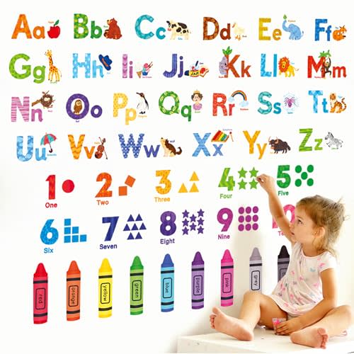 DECOWALL DS-8044 Animal Alphabet Numbers Colour Decals Stickers Kids Peel and Stick Removable for Room décor Letters ABC Classroom playroom Decorations Educational Bedroom Nursery
