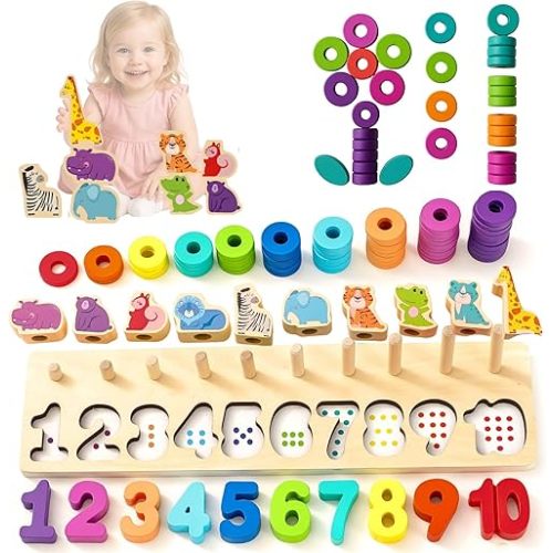 Montessori Toys for 1 2 3 Year Old Boy Girl, Toys for Ages 2-4 Toddlers Kids Baby, 1 2 Year Old Birthday Gifts, Wooden Learning Puzzles Sorter Toy for Toddlers 1-3 Stacking Toy (Safari Rainbow)