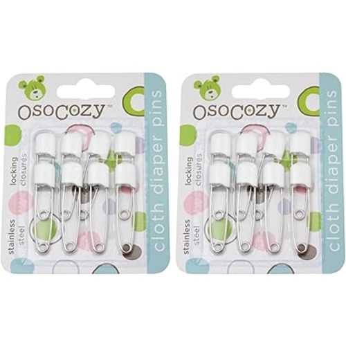 OsoCozy Diaper Pins - Sturdy, Stainless Steel with Safe Locking Closures - 8 Count (Pack of 2) - White - Colorful Laundry Pins