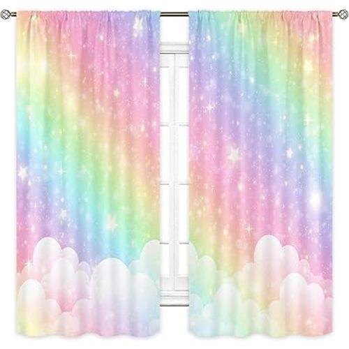 Cinbloo Colorful Rainbow Curtains for Girls Bedroom 42Wx63H Inch Rod Pocket Ombre Cute Pastel Kids Room Decor Sky Clouds Star Art Printed Baby Nursery Princess Girly Living Room Window Drapes 2 Panel