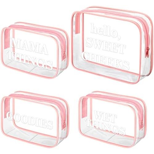 4 Packs Diaper Bag Organizer Pouches Set Clear PVC Travel Diaper Bag Waterproof Zippered Makeup Bag Dry Wet Bag (Pink, White)