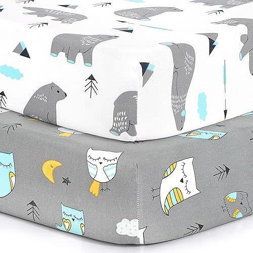 BROLEX Baby Fitted Crib Sheets: Kid Crib Sheets - Set of 2 for Toddler Standard Size Crib Mattress for Boys and Girls - Jersey Knit Crib Bed Sheets Owl Bear