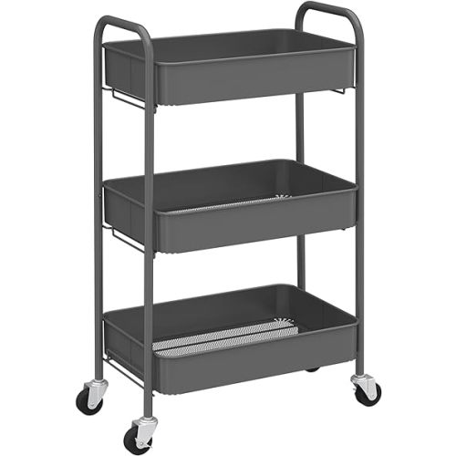 CAXXA 3-Tier Rolling Metal Storage Organizer - Mobile Utility Cart with Caster Wheels, Gray
