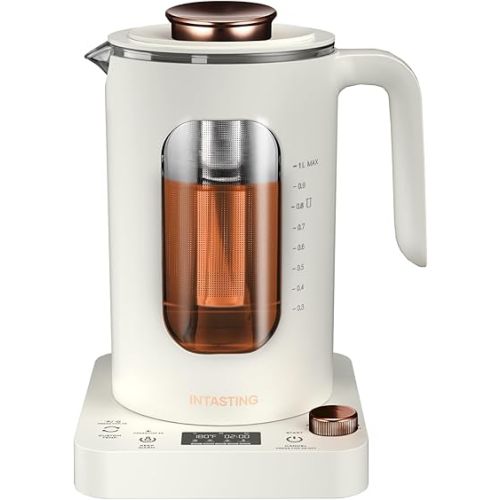 Electric Tea Kettle, INTASTING Glass Electric Kettle with tea Infuser and Precise knob temperature control, 1200W Fast Heating, BPA-Free, Easy to Clean, for Tea and coffee (White)