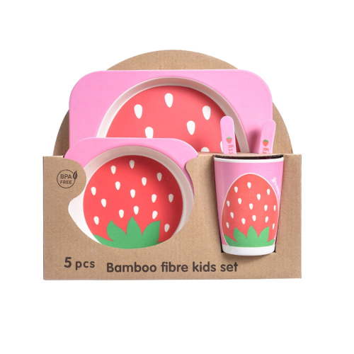 5Pcs/Set Bamboo Kids Dinnerware Set - Children Dishes - BPA Free Food Plate Bowl Cup Spoon Fork Set Dishware, Cartoon Tableware - Strawberry