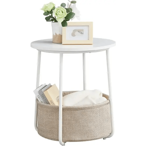 VASAGLE Small Round Side End Table, Modern Nightstand with Fabric Basket, Bedside Table for Living Room Bedroom, Classic White and Sand Beige LET223W10