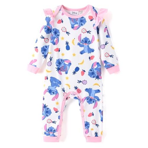 Disney Stitch Princess Cinderella Ariel Minnie Winnie Baby Girls Ruffle Long Sleeve Romper Bodysuit for Newborn to Toddler