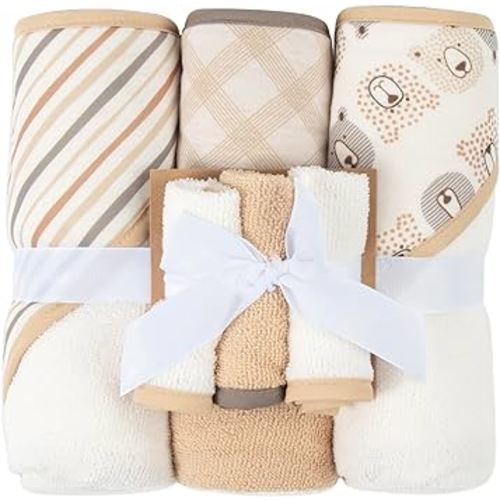 Hooded Baby Bath Towel and Washcloth 6 Piece Set for Newborns, Infants & Toddlers, Boys & Girls Baby Hooded Towels Set (Teddy Bears & Stripes)