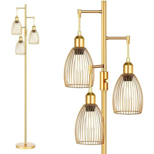 Dimmable Industrial Floor Lamps for Living Room, Gold Tree Standing Tall Lamps with 3 Elegant Teardrop Cage Head & 800 Lumens LED Bulbs for Bedroom Office