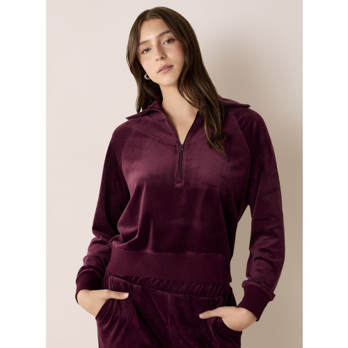 Solid zip-up mock-neck velvet lounge sweatshirt