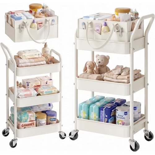 3 Tier Baby Diaper Caddy Organizer Cart with Detachable Dividers and Wheels