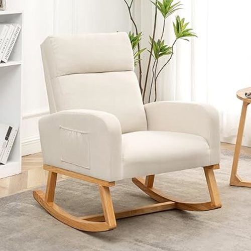 Rocking Chair Nursery, Upholstered Nursing Rocker Chairs with High Backrest, Modern Glider Rocking Chair for Nursery Living Room, Bedroom, White