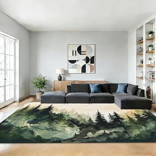 Mountain Forest Rug for Living Room 5x7,Watercolor Tree Machine Washable Area Rug Soft Stain Resistant Floor Large Carpet for Bedroom,Farmhouse,Dining Room,Kids Playroom