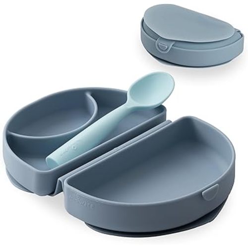 Miniware Fold & Scoop Baby Feeding Set - Silicone Travel Baby Plate With Suction & Baby Spoon - Compact, Portable, Dishwasher-Safe, Suction Base for Mess-Free Eating (Aquamarine and Aqua)
