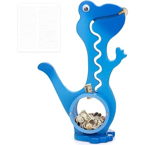 Wooden Dinosaur Piggy Bank Boalord for Boys Kids Girls Clear Big Belly Animal Coin Bank for Toddler Real Money Toy(Dino-Blue)
