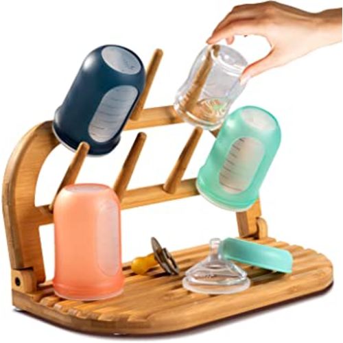 TEYGA Baby Bottle Drying Rack - Indestructible Bamboo Baby Bottle Rack Dryer, Pro-Earth Baby Bottle Holder & Baby Bottle Dryer Rack, Use as a Travel Baby Bottle Cleaning Kit as a Baby Bottle Organizer