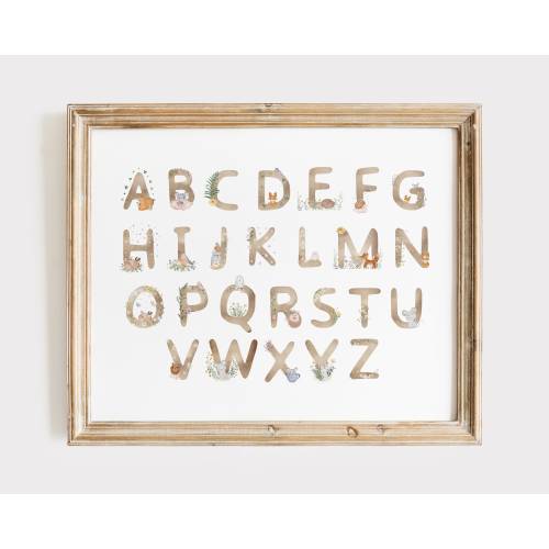 Woodland Alphabet Art Print, ABC's Nursery Wall Art, Forest Animals Printable Art, Cottagecore Baby Girl Nursery Decor, Wildflowers