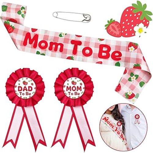 Strawberry Baby Shower Decorations Mom to Be Sash Dad to Be Corsage Set, Berry Sweet Mommy to Be Sash Baby Shower Sash Set Party Decorations
