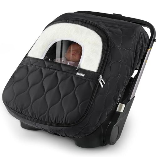 Winter Baby Car Seat Cover, Waterproof, Windproof Warm Fleece Breathable with Full Zipper for Newborn Car Seat, Black