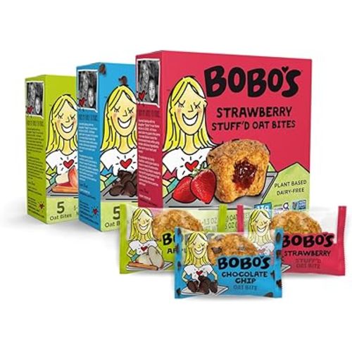 Bobo's Oat Bites Stuff'd Variety Pack (Strawberry, Original Chocolate Chip, and Apple Pie), Pack of 30 (1.3 oz Bites), Gluten Free Whole Grain Rolled Oats