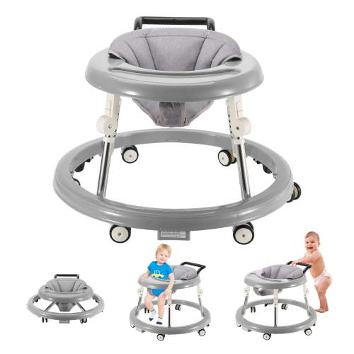 Baby Walker, Foldable 5-Gear Height Adjustable Baby Walker with Wheels, Infant Toddler Walker with Foot Pads, Anti-Fall Baby Walkers and Activity Center Bouncer Combo for Boys and Girls 6-24 Months