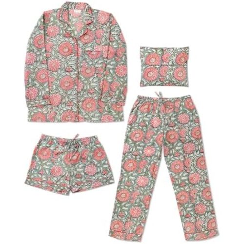 Huar Women Pajama Set, 4 pcs Button Down Vacation Beach Cotton Set, Lounge wear PJ Set For Birthday