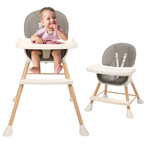 6-in-1 Baby High Chair, Convertible High Chairs for Babies and Toddlers, Infant Feeding Highchair with Cushion, 5-Point Harness, Footrest, Removable Tray, and Adjustable Legs, Light Grey