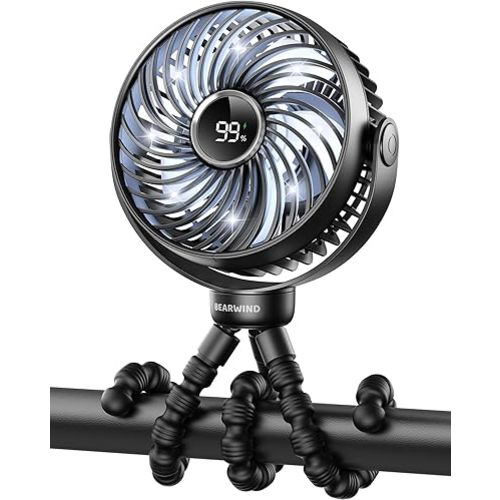 Portable Stroller Fan for Travel, LED Night Light Clip on Fans Operated by Rechargeable Battery, Cordless Fan with Tripod Car Seat Baby Pram (Black)