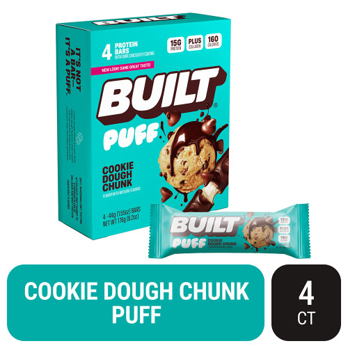 BUILT Puff Protein Bar, Cookie Dough Chunk, 15g Protein, Collagen, 4 Count Box, 1.55 oz Bars