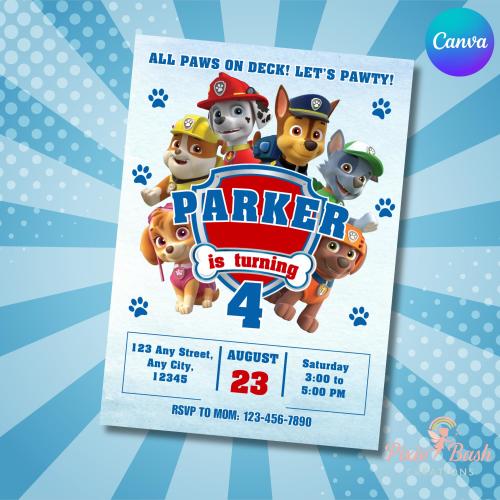 Paw-ty Birthday Invitation Template Puppy Patrol Pup Crew invite layout Canva instant Download, Kids Printable Party Invitation