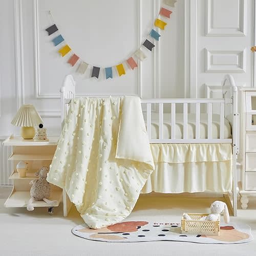 3 Pieces Crib Bedding Set Tufted Dots Jacquard Baby Comforter with Fitted Sheet and Bed Skirt - Cute Embroidery Boho Shabby Chic Bedding Soft Blanket Pom Pom Tufts Crib Bed Set Beige