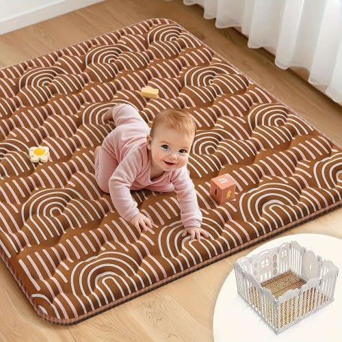 Soft Thicker Baby Mat for Floor 71&x59; Non-Slip Baby Play Mat, Easy to Clean 50"x50" & 71"x59" Playpen Mat, Portable Playmat, Crawling Mat for Infants, Babies, Toddlers, Activity Mat, Rainbow, Brown, Mother's Day Gifts