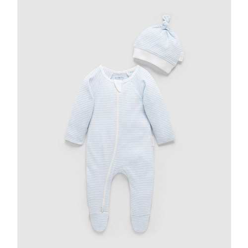 Purebaby Baby Boys Newborn-12 Month Organic Cotton Stripe Zip Footie & Knot Hat Set
