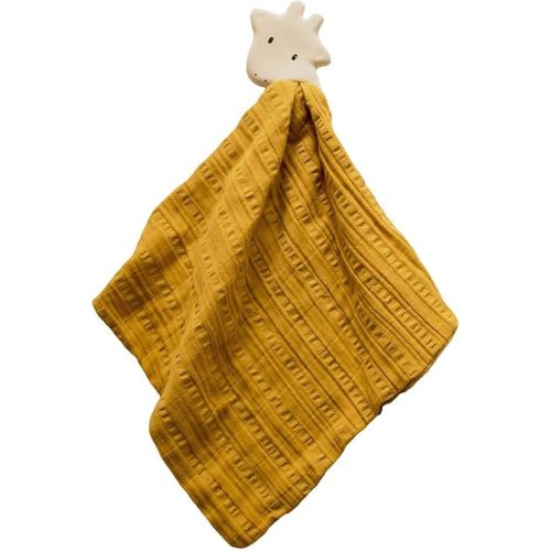 Tikiri Giraffe Baby Comforter – Mustard Yellow Muslin with Organic Natural Rubber Teether | Safari Animal Soothing Toy | Soft, Easy-Grip Cuddle Cloth | Safe Newborn Teething Gift (0+ Months, 14 in)