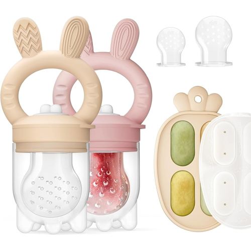 2 Packs Baby Fruit Feeder & Freezer Tray Combo, Push Pop Baby Food Feeder to Safely Introduce New Foods, Fresh & Frozen Food Silicone Feeder, 100% Food Grade, BPA Free
