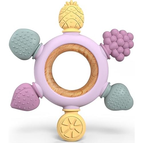 GJZZ Baby Teething Toys Silicone Teethers BPA Free Fruit Shape with Wooden Ring Soothe Babies Gums for 0-3 6-12 Months Infants & New Borns