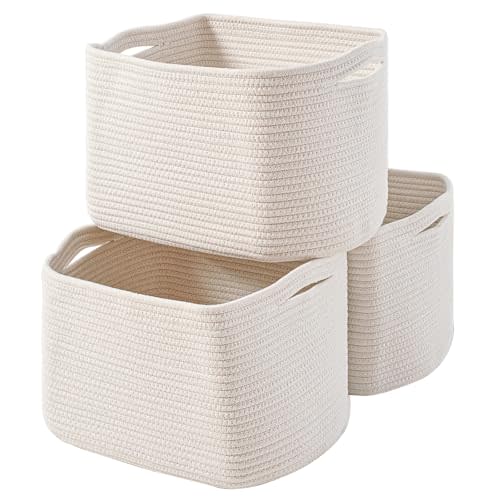 ICERZCZ Storage Baskets for Organizing Shelves, Woven Cotton Rope Bins for Baby Nursery Organization, Book Toy Towel Organizer, 15"x11"x9.5", 3 Packs, Off White