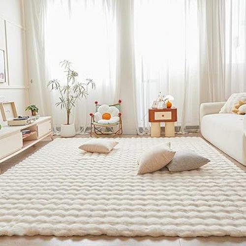 White Rabbit Plush Area Rug for Bedroom Living Room Sofa,8'X10' Faux Fur Fluffy Shaggy Rectangular Square Rug for Kids Teen Girls Room,Furry Carpet Rug for Nursery Baby Room Decor for Teenage