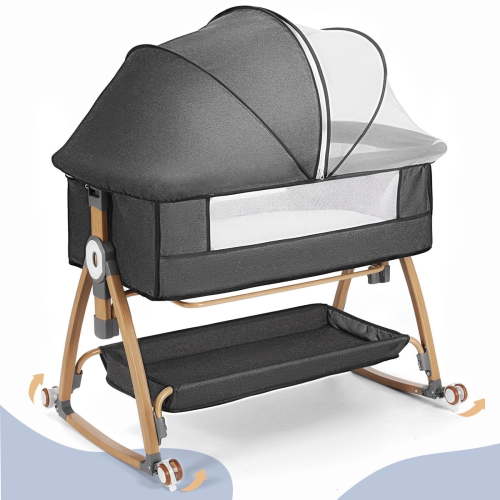 Baby Bassinet, Caveen Bedside Bassinet for Baby, 4 in 1 Portable Bedside Sleeper Rocking Crib with Wheels, Mosquito Net & Storage Basket, 6 Height Adjustable, Grey